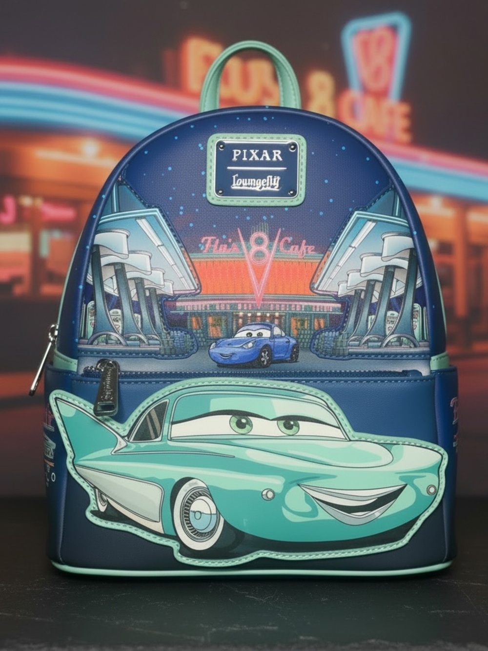 Loungefly Disney Pixar Cars Flo’s V8 Cafe Glow-In-The-Dark Mini Backpack